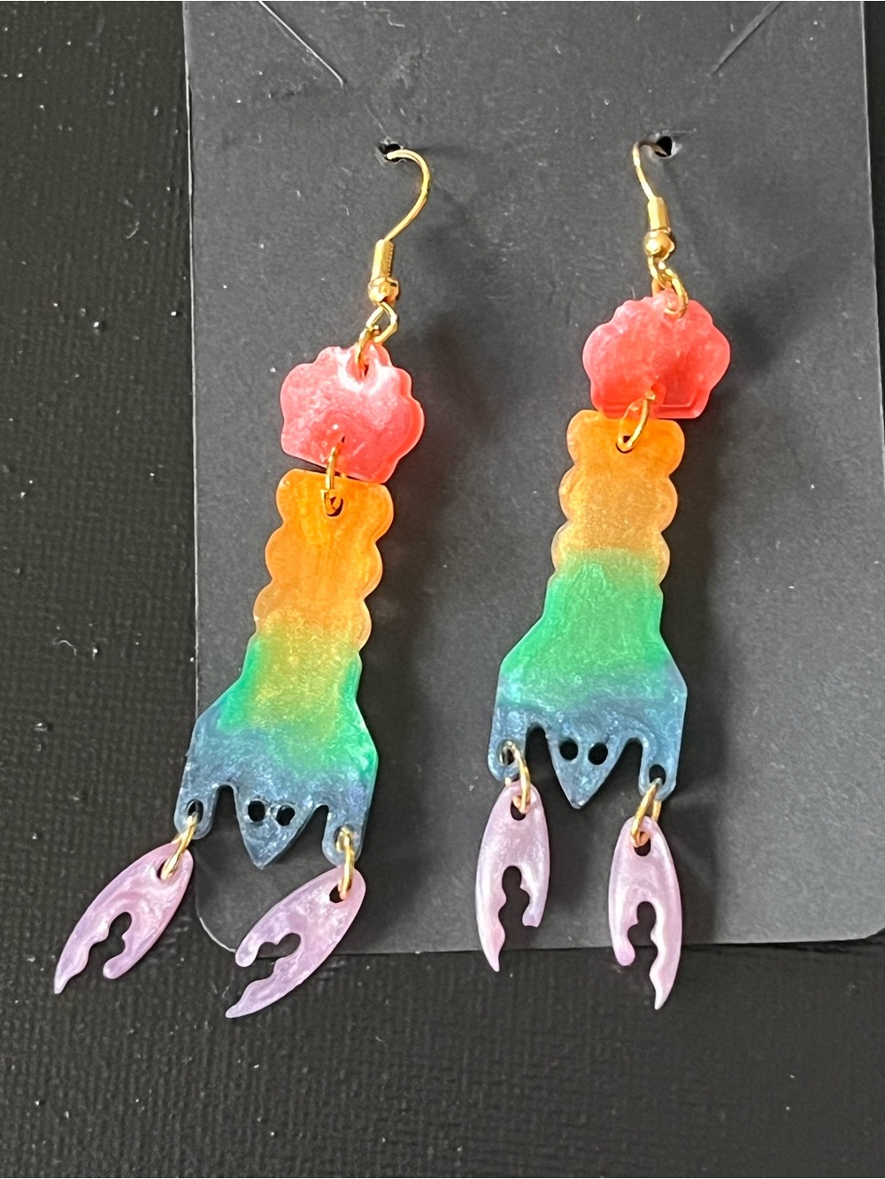 Handmade Rainbow Resin Dangle Earrings - Lobster & Lobster Buoys - Set